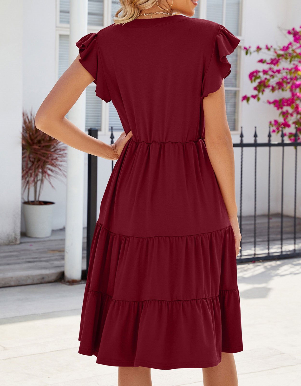 V Neck Ruffled Sleeve Midi Dresses