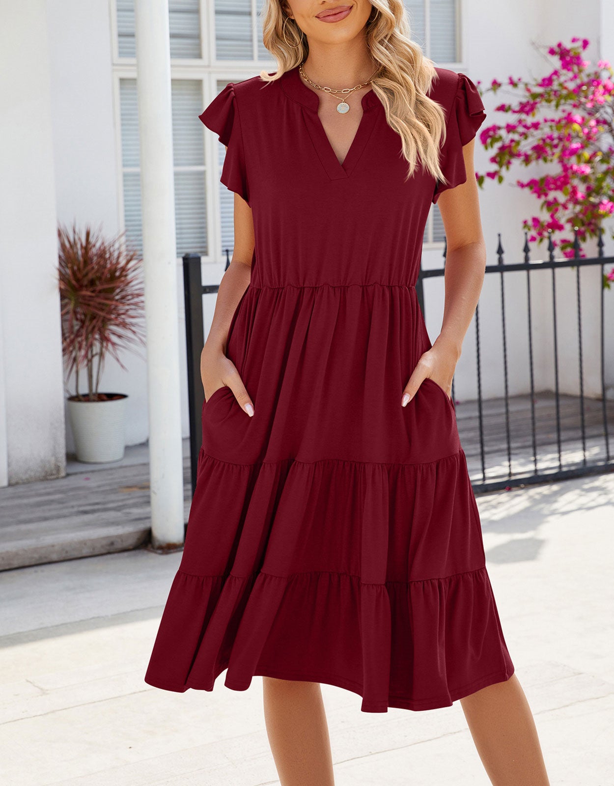 V Neck Ruffled Sleeve Midi Dresses