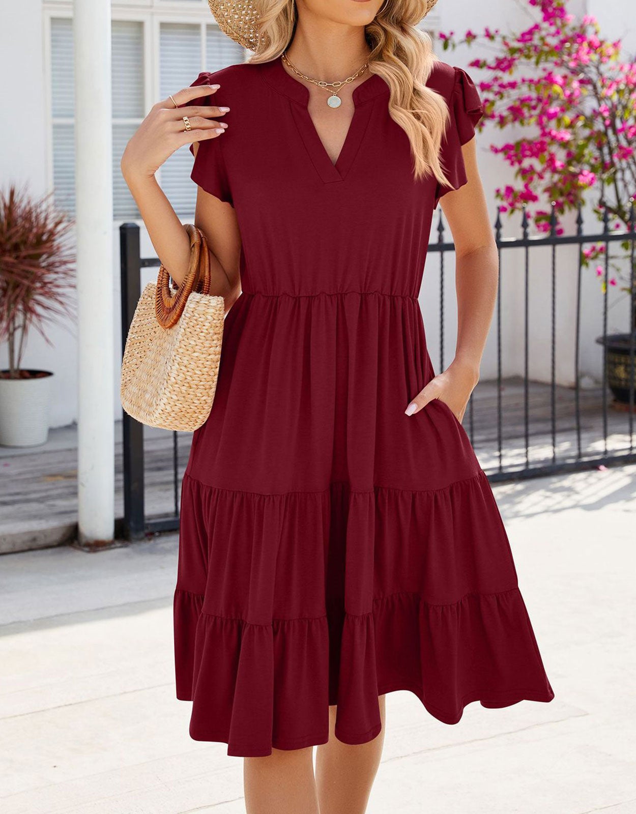 V Neck Ruffled Sleeve Midi Dresses