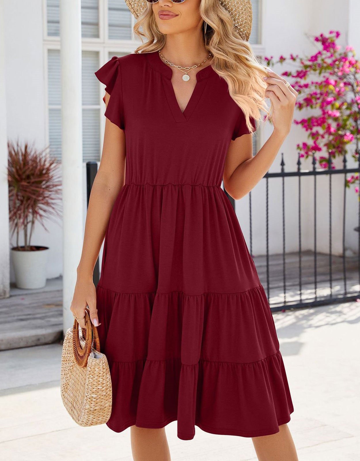 V Neck Ruffled Sleeve Midi Dresses