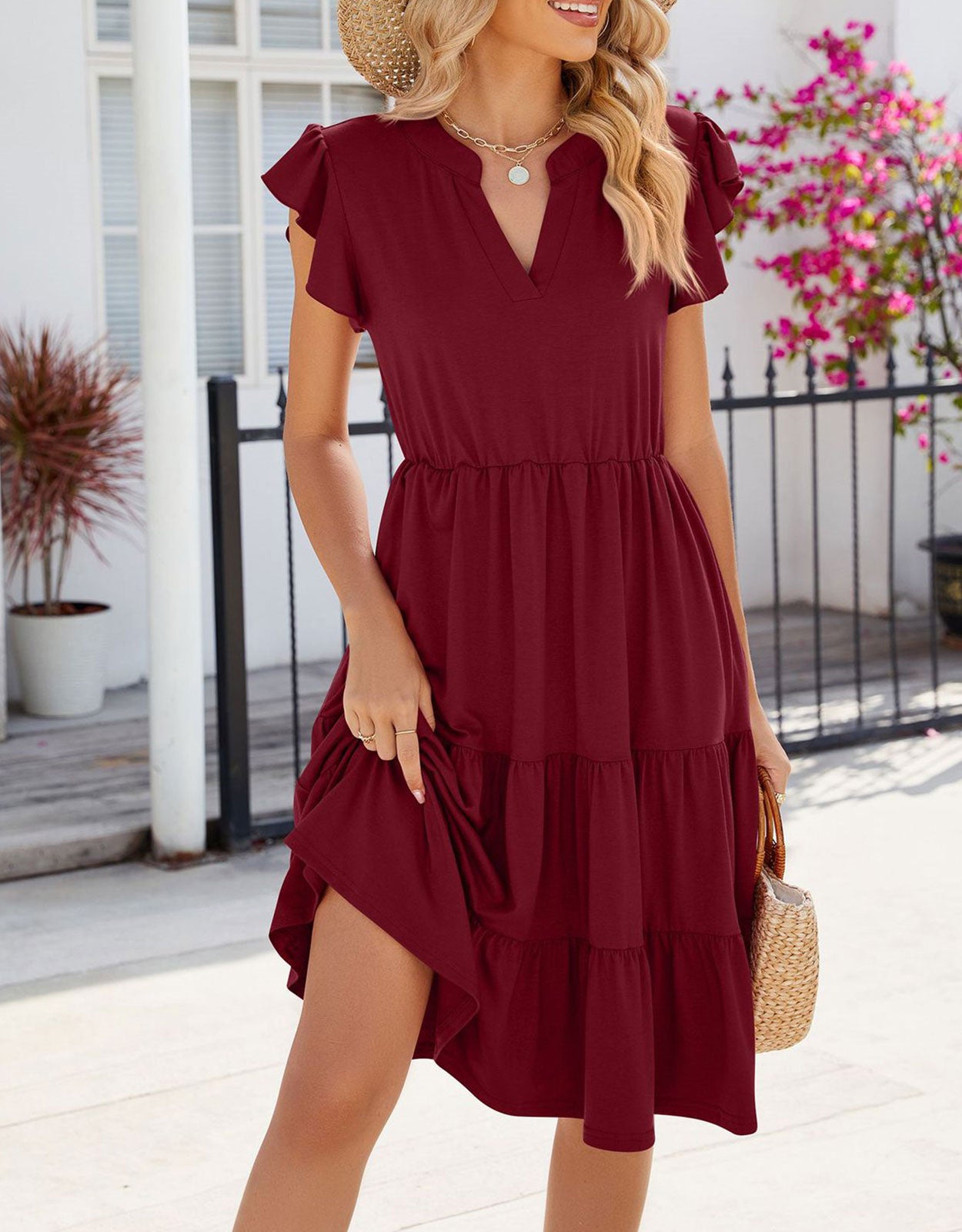 V Neck Ruffled Sleeve Midi Dresses
