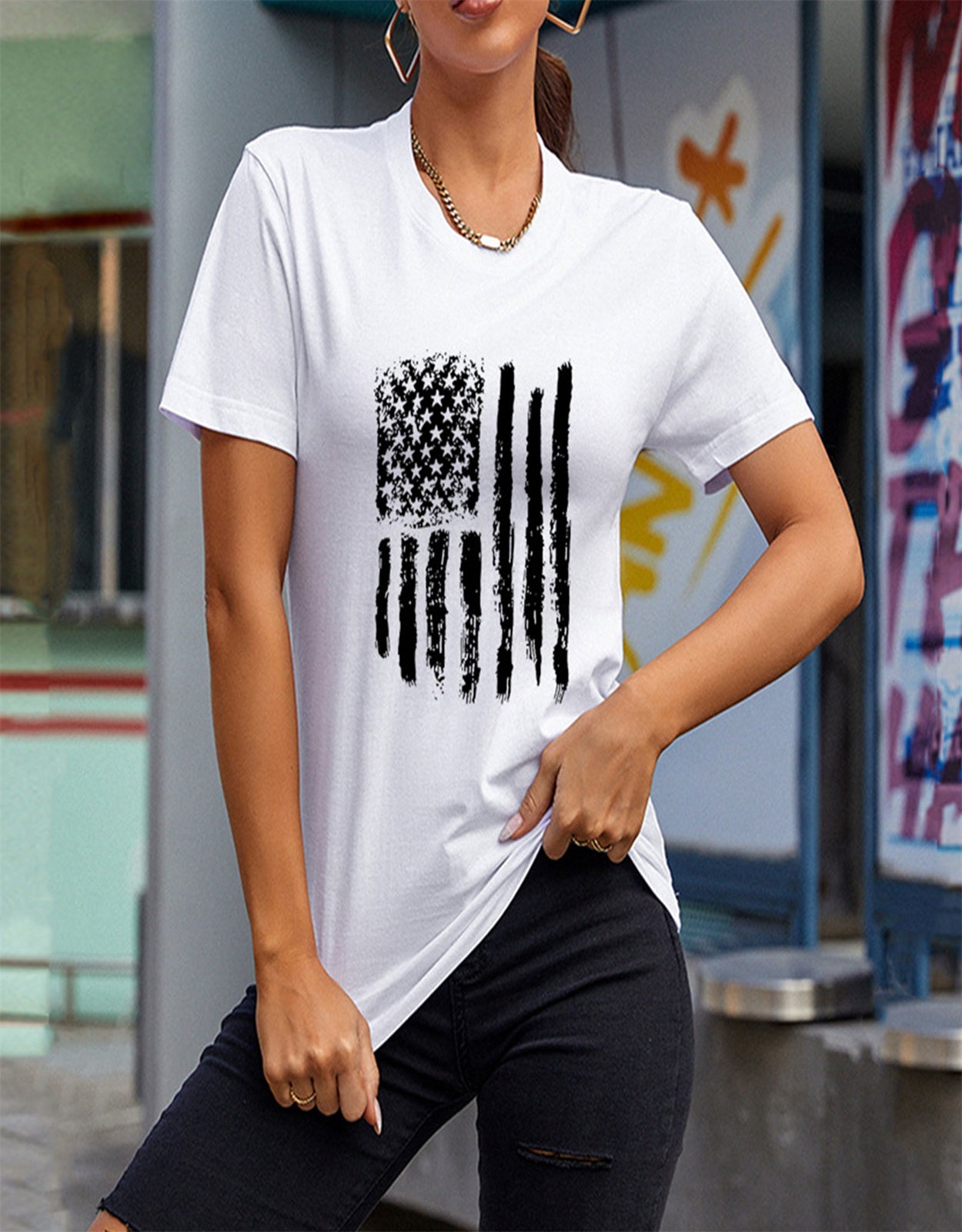 Summer American Flag Ink Printed T-shirt