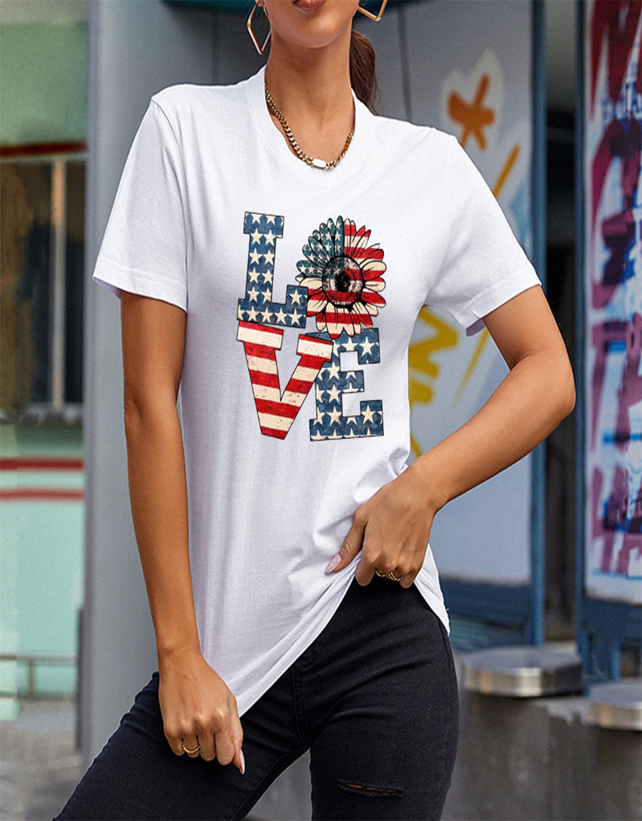 Summer Love Sunflower Flag Print T-shirt