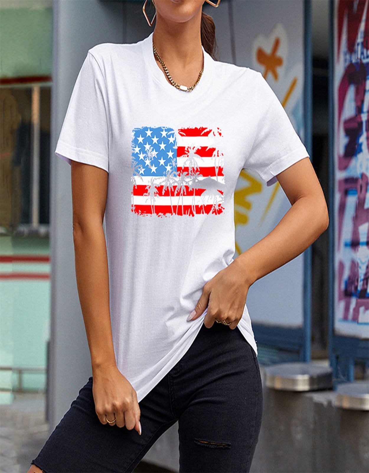 Women's American Patriotic Flag Stripes Stars T-shirt