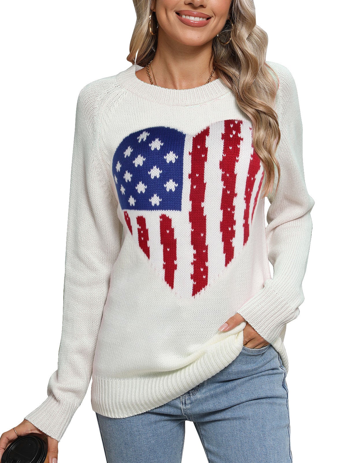 American Flag Love Loose Long Sleeve Round Neck Sweater