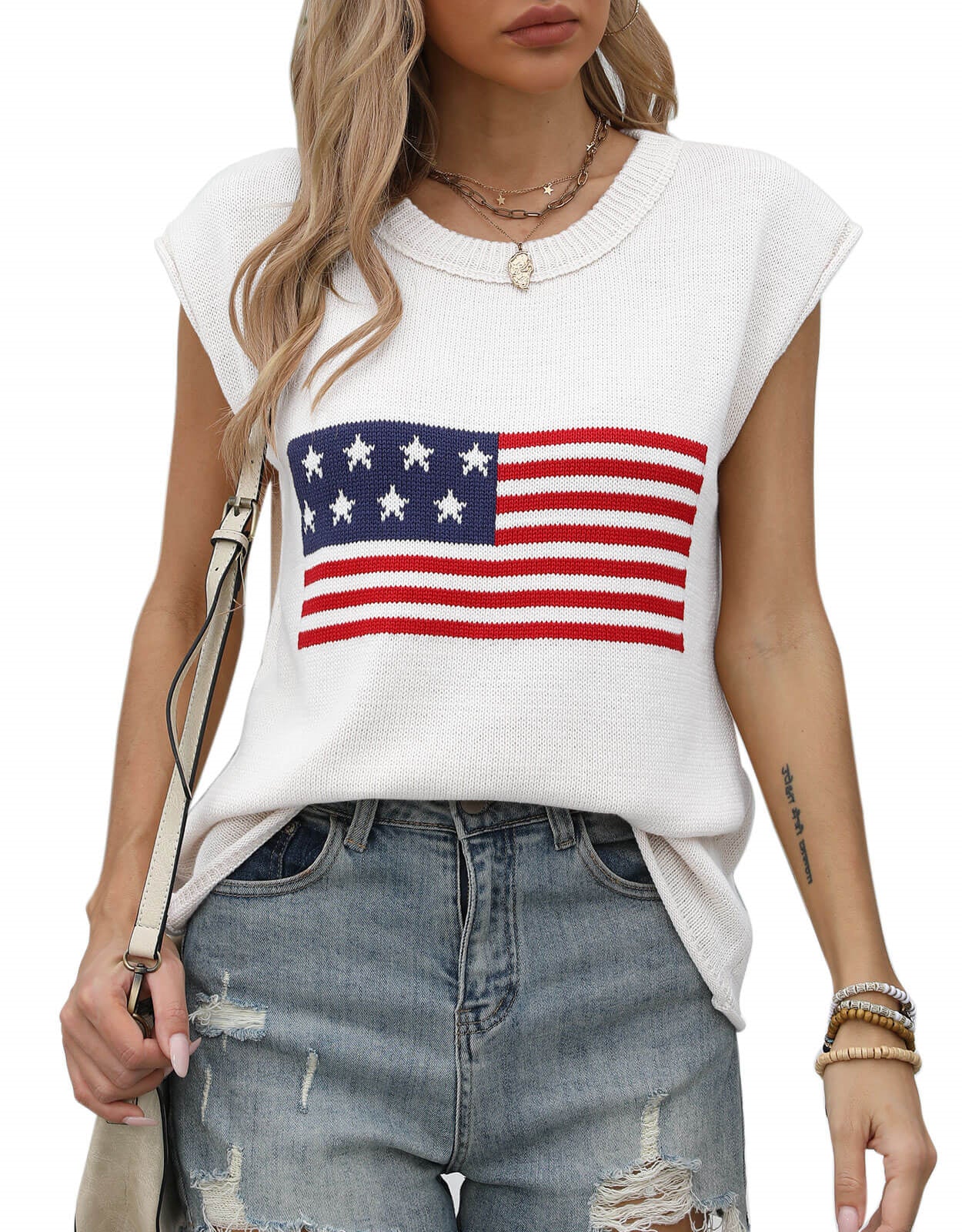 American Flag Loose Short Sleeve Round Neck Sweater