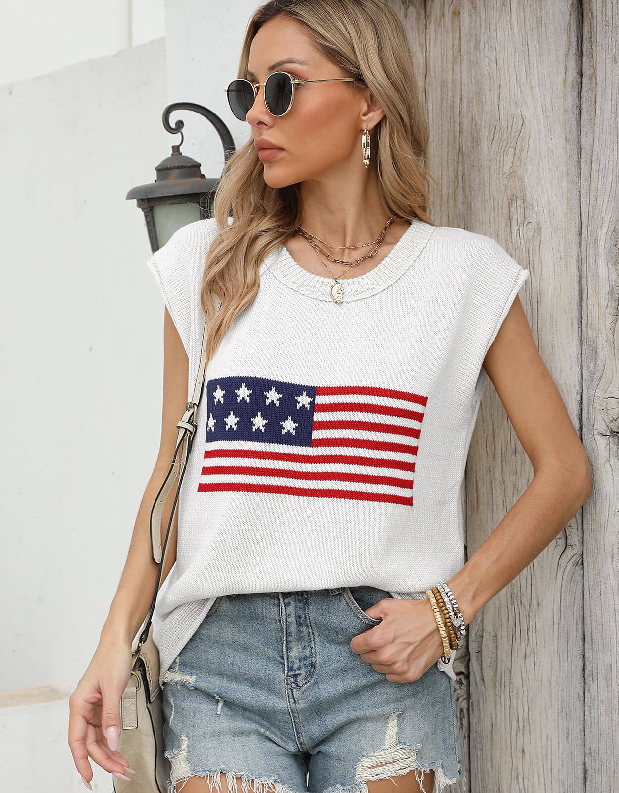American Flag Loose Short Sleeve Round Neck Sweater
