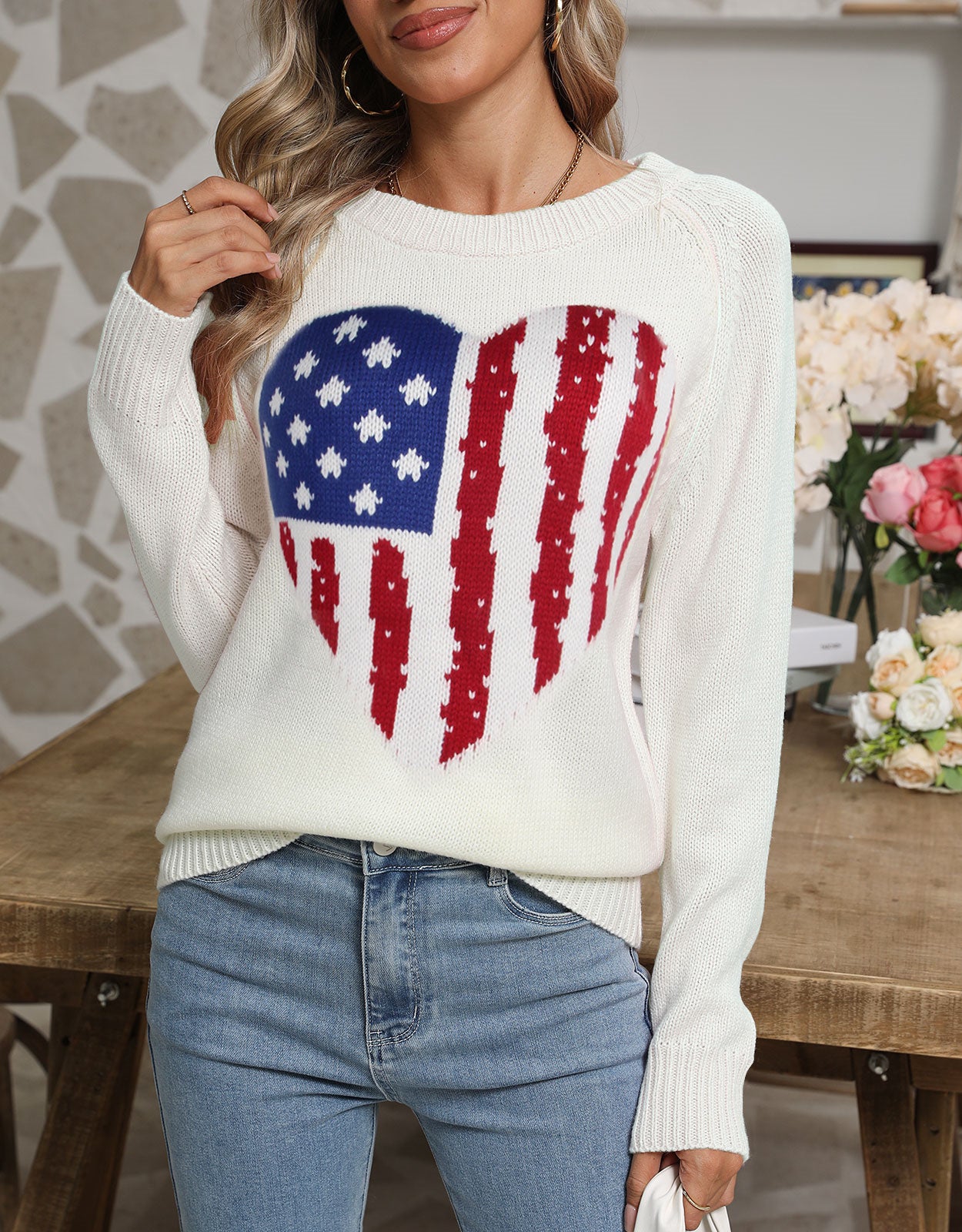 American Flag Love Loose Long Sleeve Round Neck Sweater