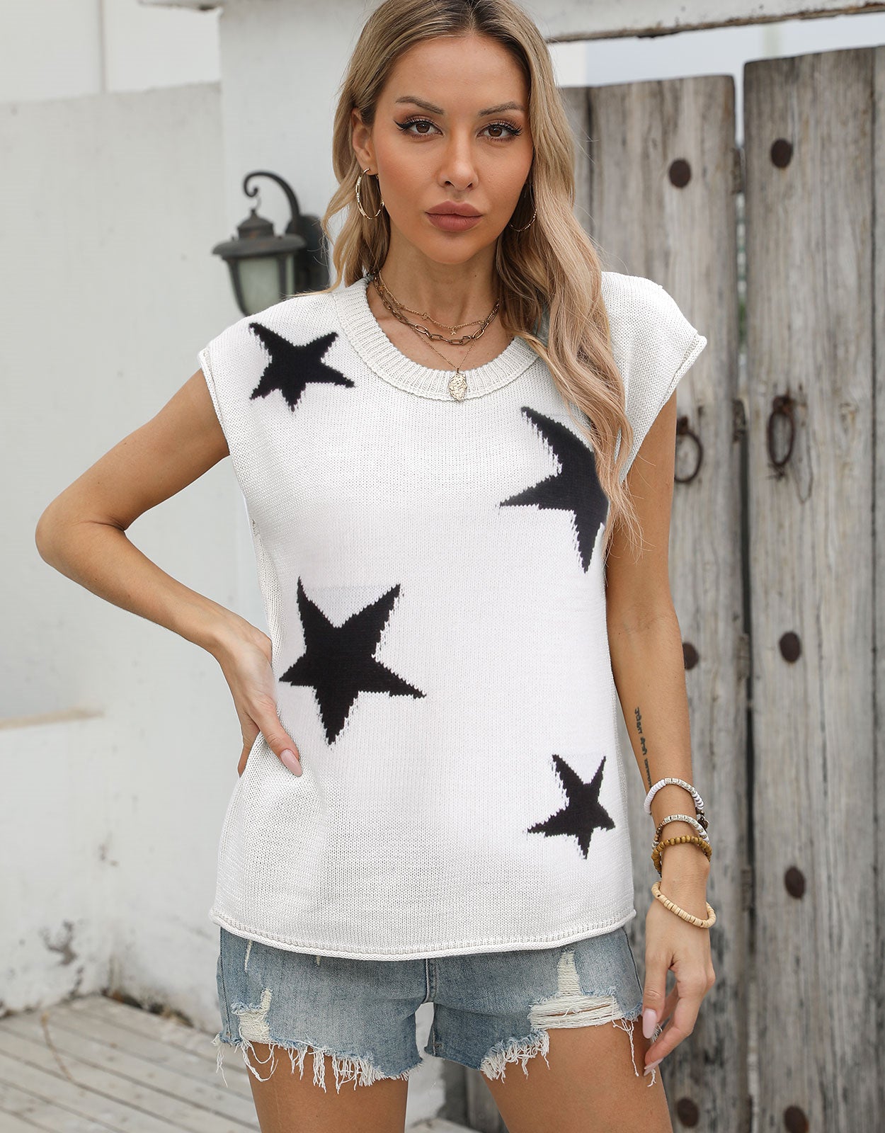 American Flag Star Loose Short Sleeve Round Neck Sweater