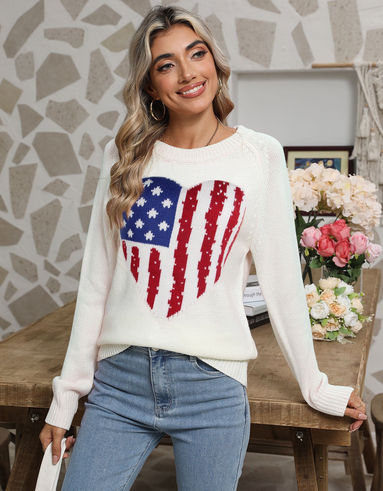 American Flag Love Loose Long Sleeve Round Neck Sweater