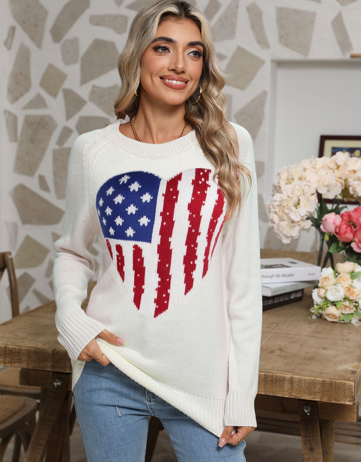 American Flag Love Loose Long Sleeve Round Neck Sweater