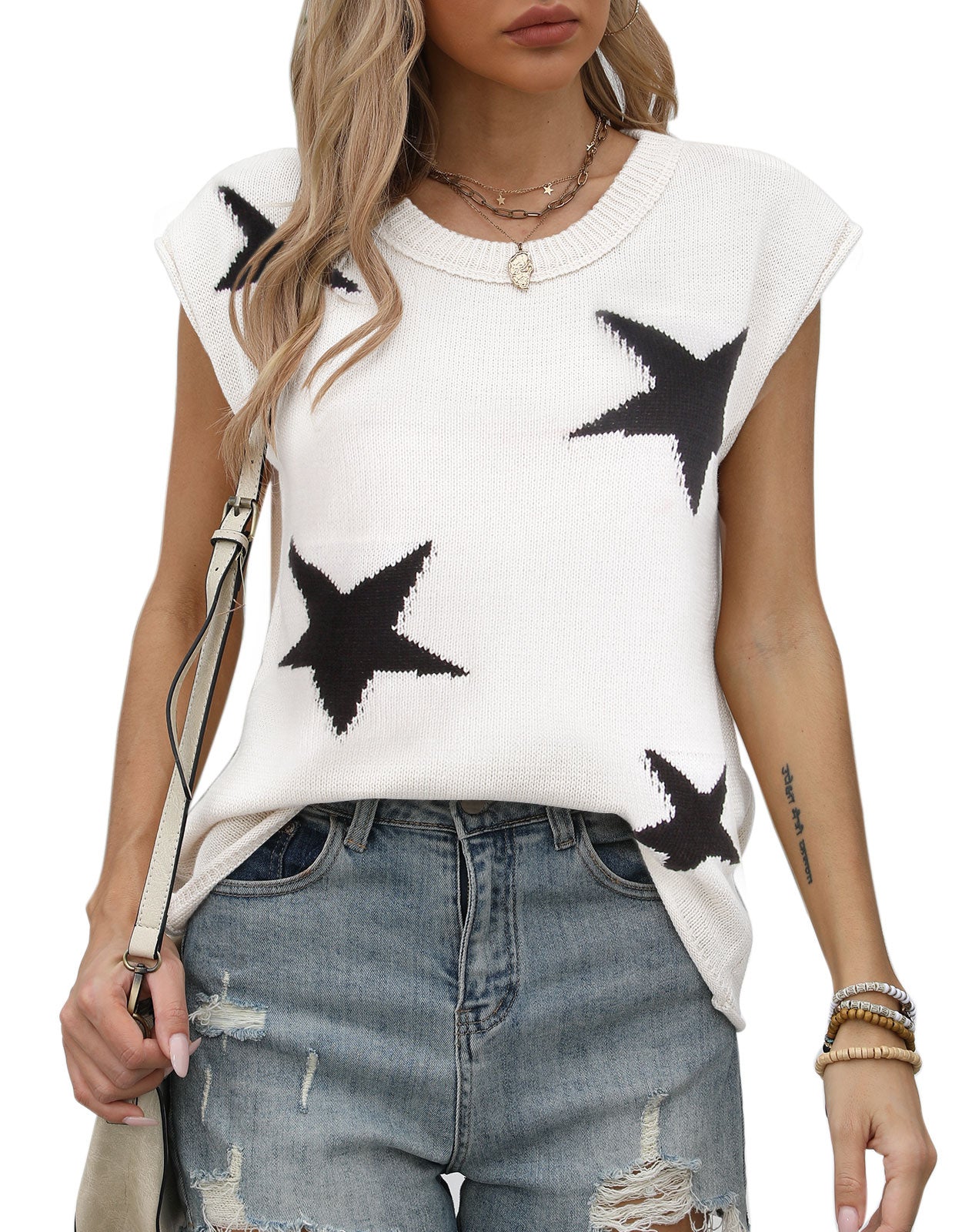 American Flag Star Loose Short Sleeve Round Neck Sweater