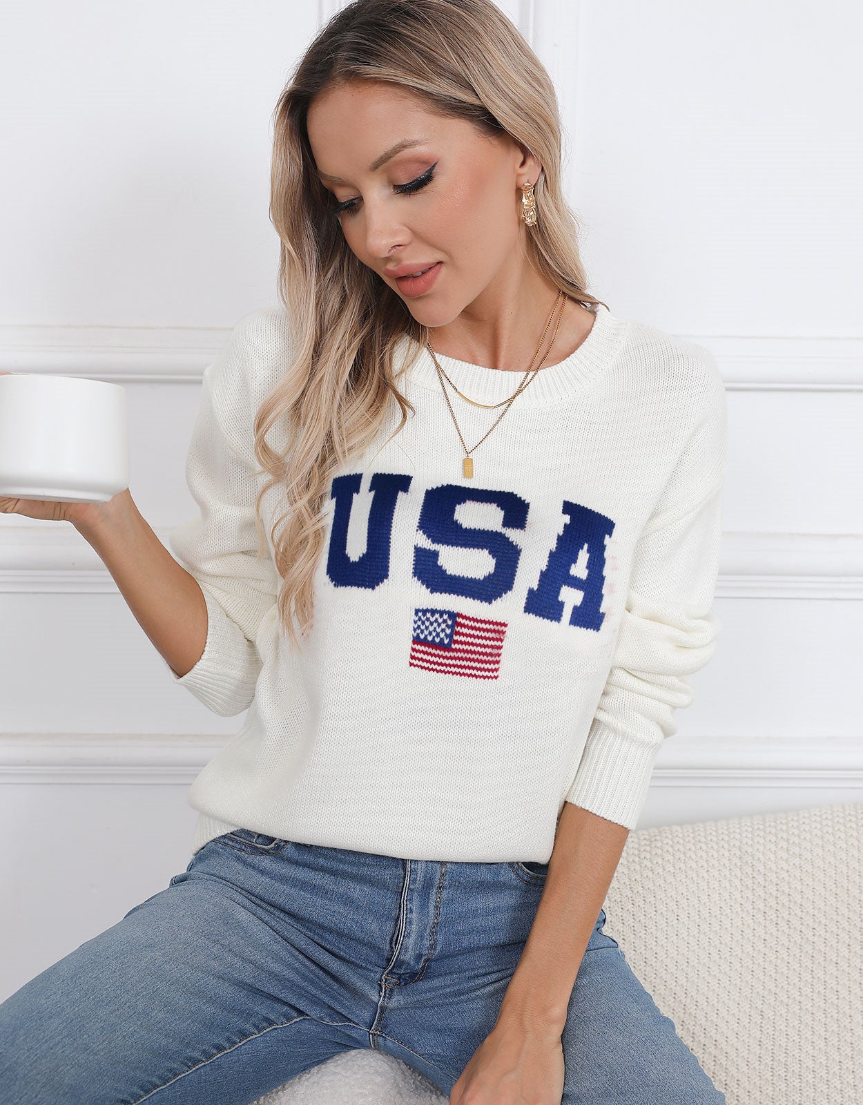 USA Flag Loose Long Sleeve Crewneck Sweater