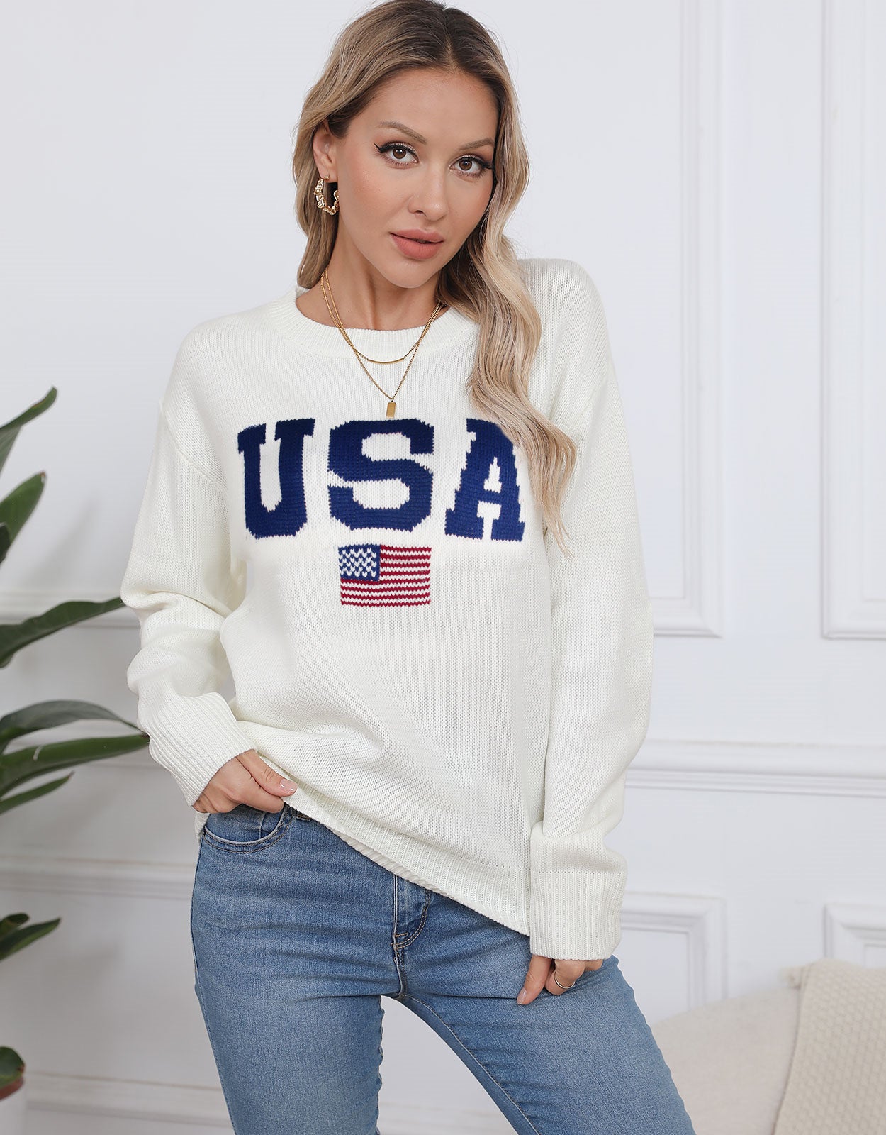 USA Flag Loose Long Sleeve Crewneck Sweater