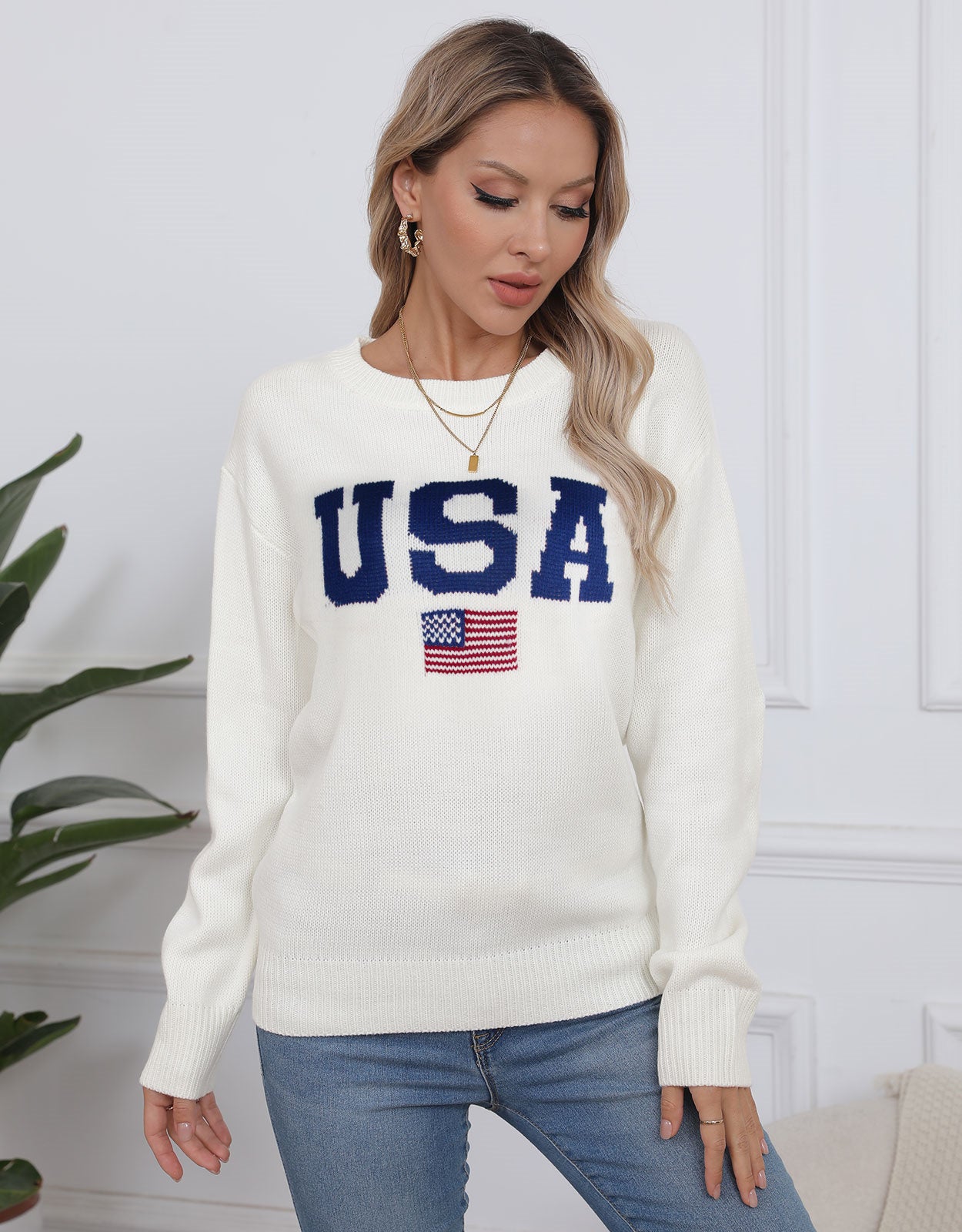 USA Flag Loose Long Sleeve Crewneck Sweater