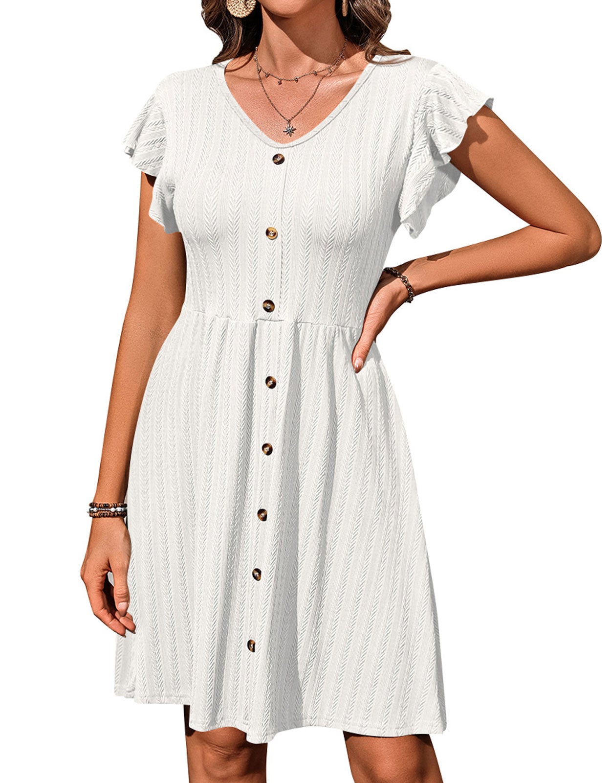 V-neck button knit rattan print short-sleeved dress