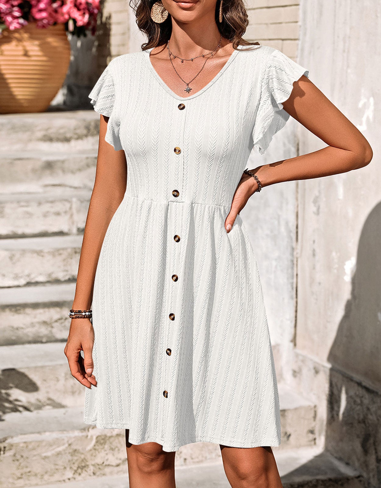 V-neck button knit rattan print short-sleeved dress