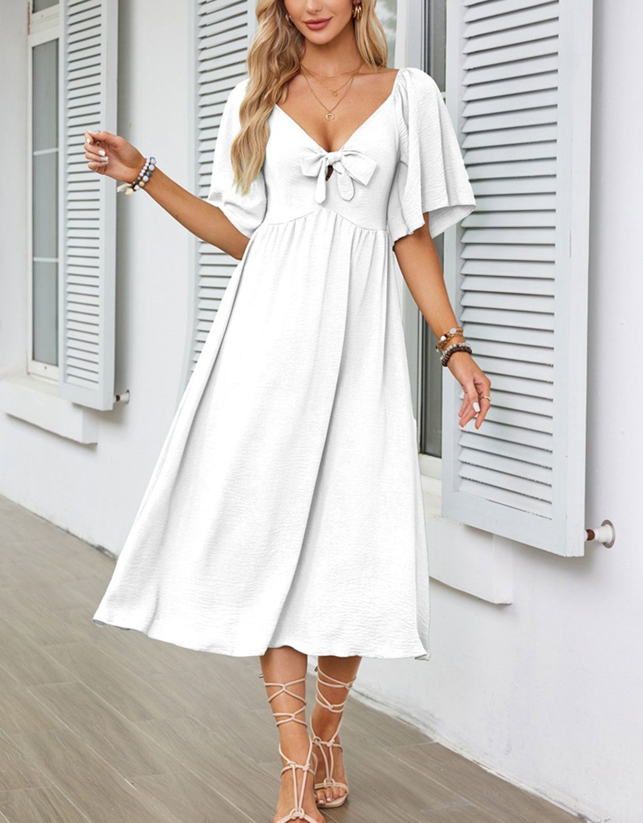 V Neck Ruffle Sleeve Elegant Bow Tie Long Dress
