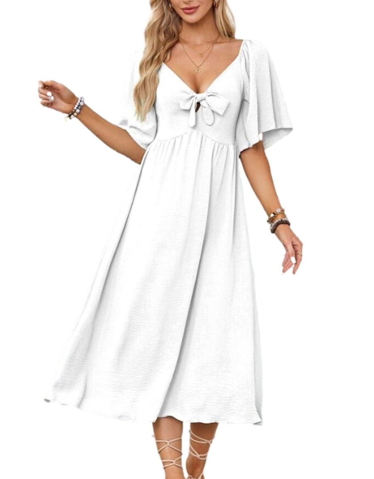 V Neck Ruffle Sleeve Elegant Bow Tie Long Dress