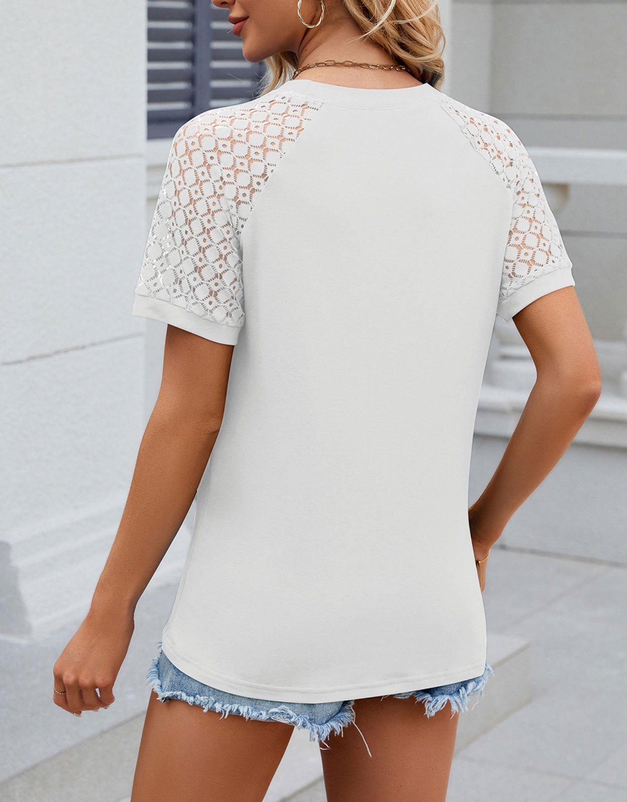 Summer short-sleeved hollow print round neck pleated top