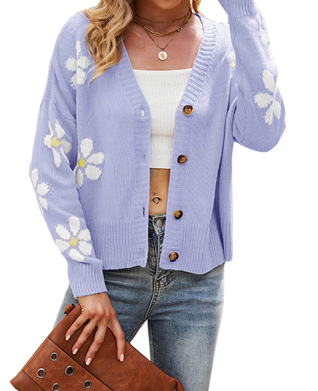 Cardigan Sweaters for Women Floral Print Button Down Womens Sweaters Loose Open Front Knit Coat Winter Sweaters Alsol Lamesa