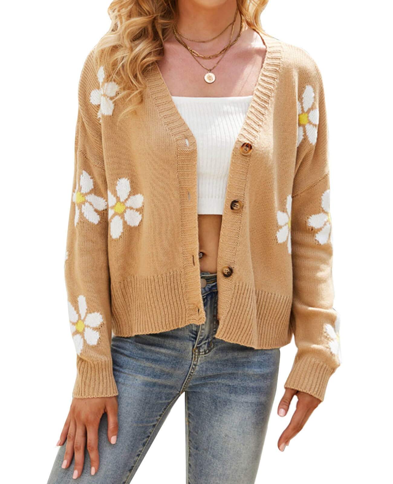 Cardigan Sweaters for Women Floral Print Button Down Womens Sweaters Loose Open Front Knit Coat Winter Sweaters Alsol Lamesa