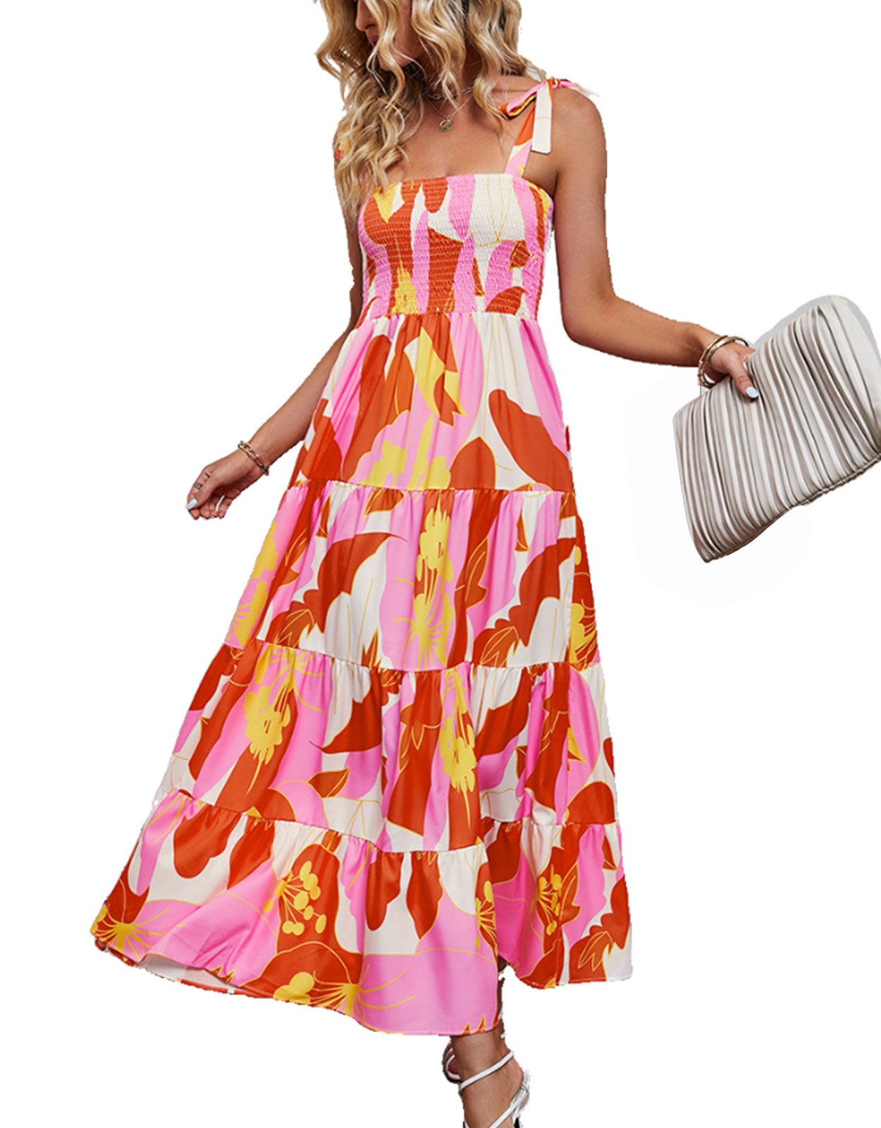 Suspender Pleated Flower Print Dress
