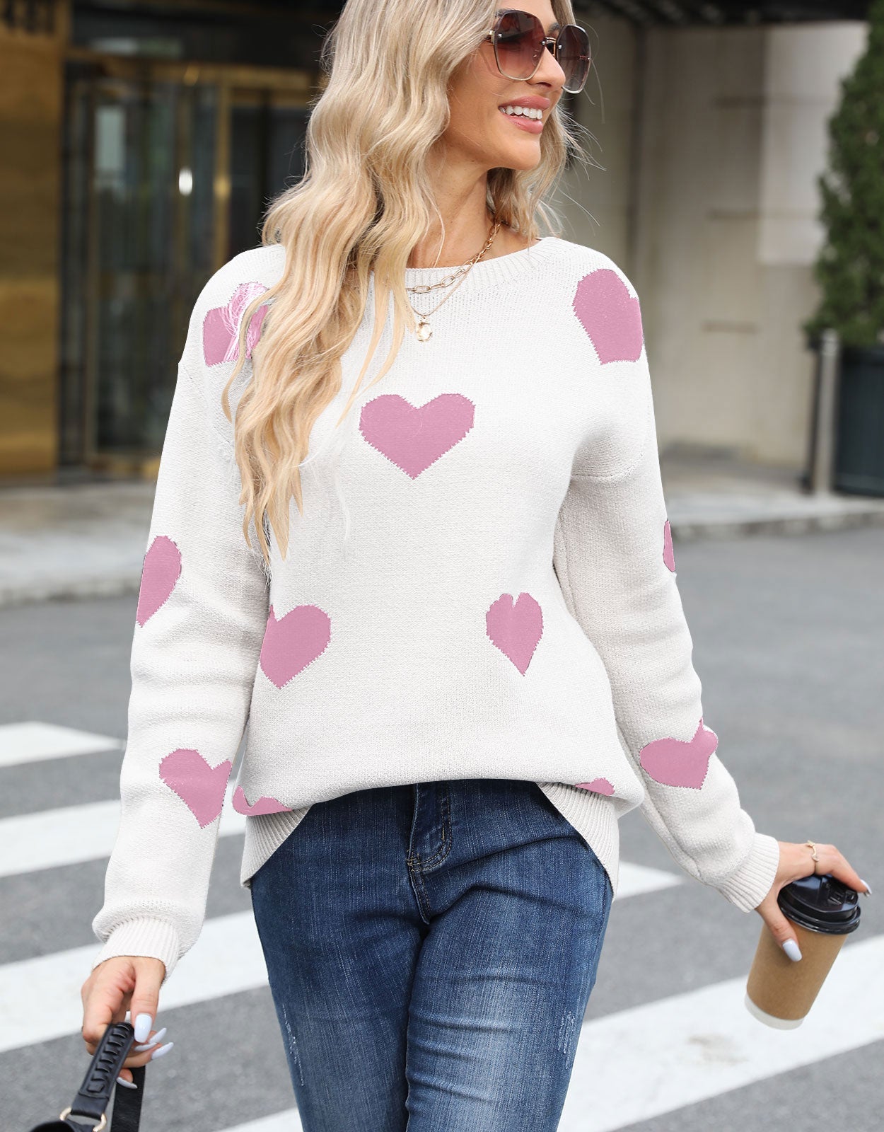 Cute Heart Lattern Sleeve Crew Neck Knit Pullover Top