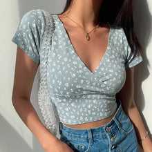 Load image into Gallery viewer, Cute Girl Floral Short Sleeve V Neck Crop Top
