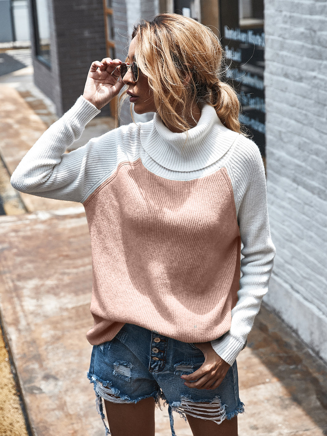 Slim Fit Color Block Turtleneck Sweater