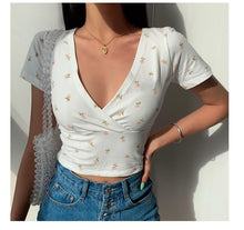 Load image into Gallery viewer, Cute Girl Floral Short Sleeve V Neck Crop Top
