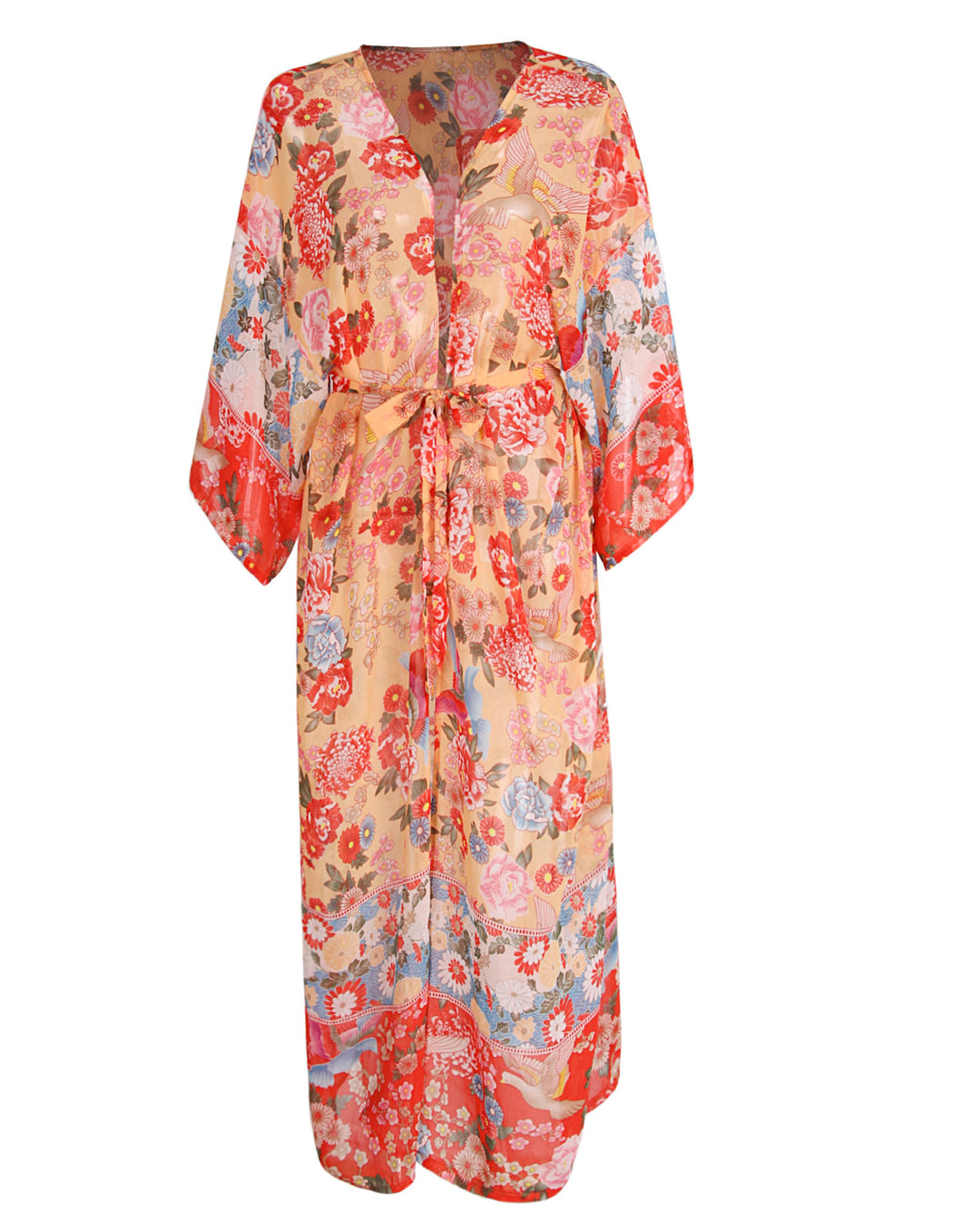 Long Rayon Floral Print Kimono Coverup