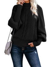 Load image into Gallery viewer, Mock Neck Cable Ribbed Lantern Sleeve Knitted Pullover Sweater Alsol Lamesa
