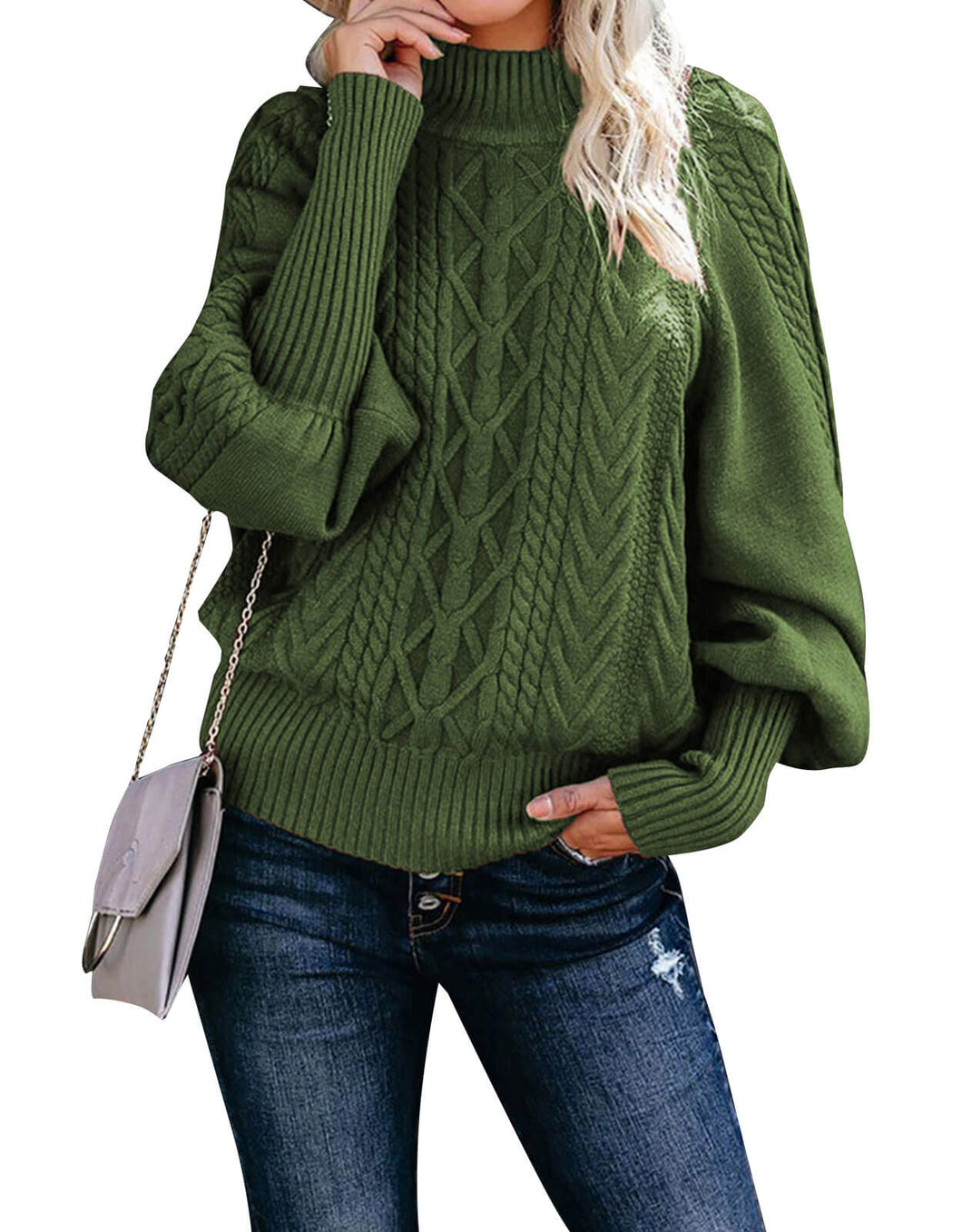 Mock Neck Cable Ribbed Lantern Sleeve Knitted Pullover Sweater Alsol Lamesa