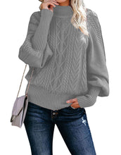 Load image into Gallery viewer, Mock Neck Cable Ribbed Lantern Sleeve Knitted Pullover Sweater Alsol Lamesa
