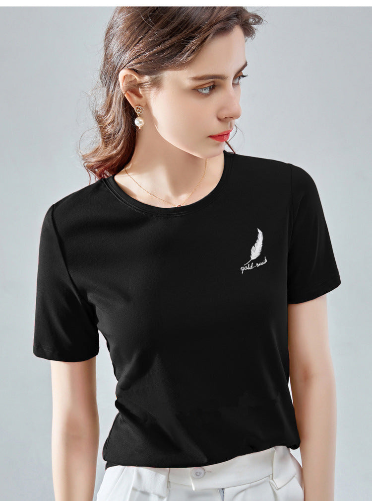 Basic Solid Color T Shirt with Cute Feather Print