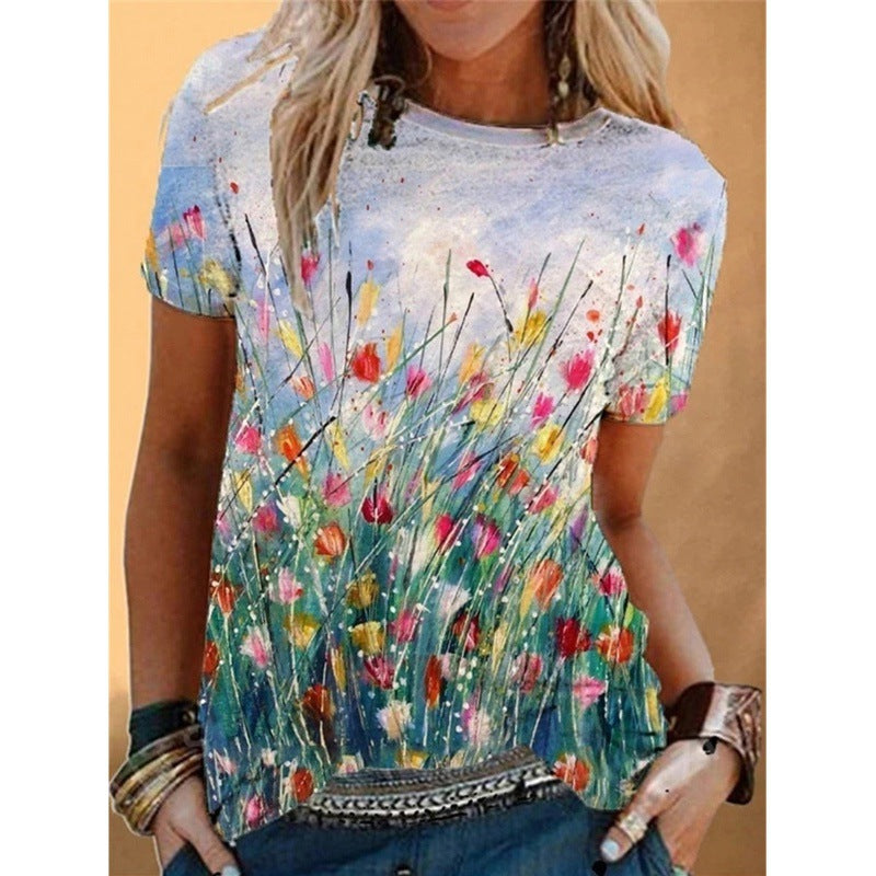 Casual Short Sleeve Flower Print T shirt