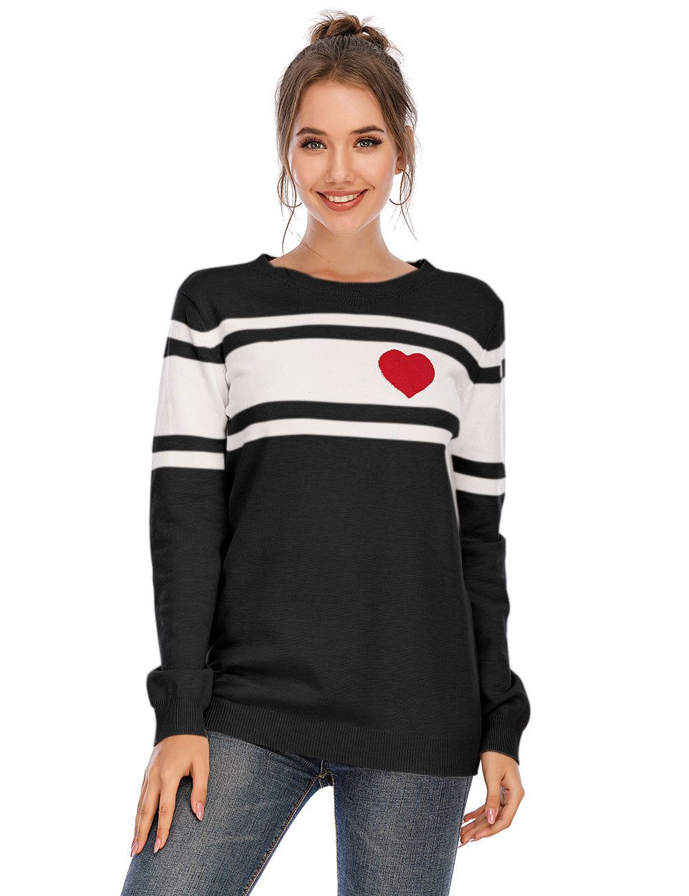 Slim Heart Graphic Knitted Sweaters Black Color