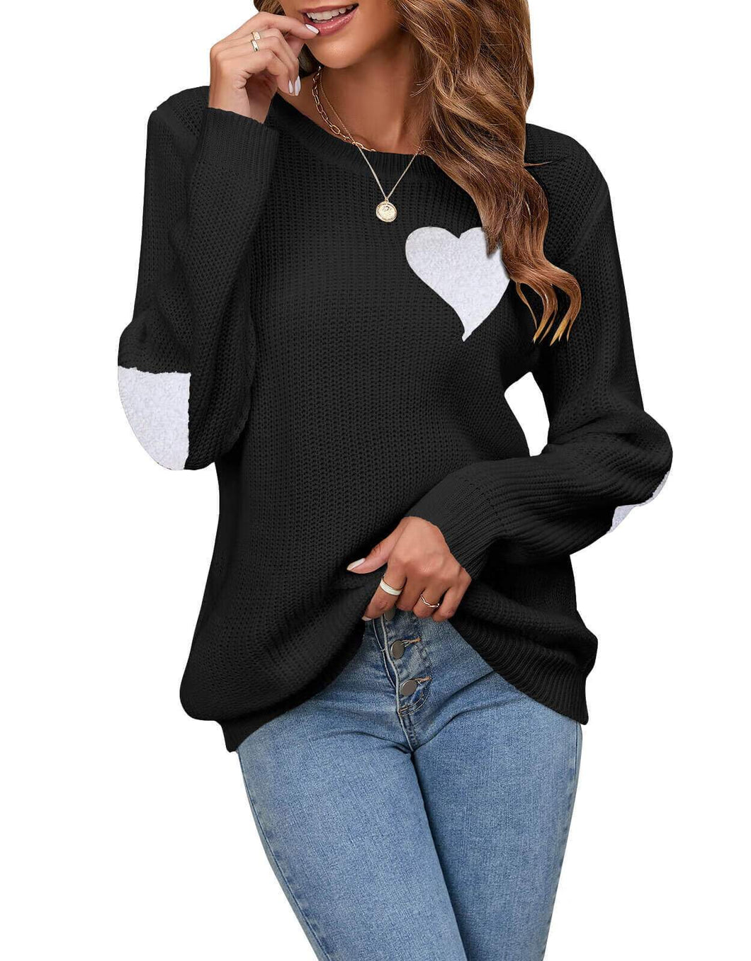 Cute Knitted Pullover with Heart in Eblow and Bust