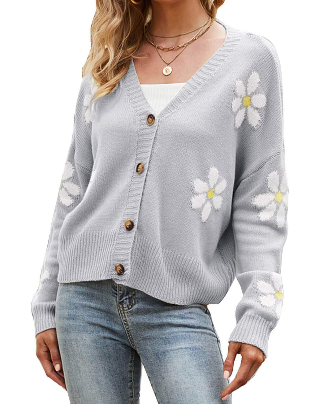 Alsol Lamesa Women's Cardigan Sweater Floral Print Open Front Buton Down Soft Knit Cardigans Sweater