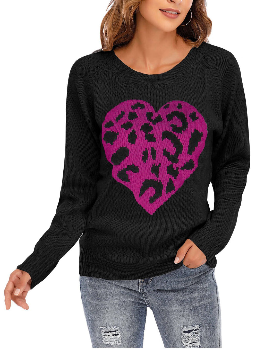 Leopard Heart Casual Pullover Sweaters Tops