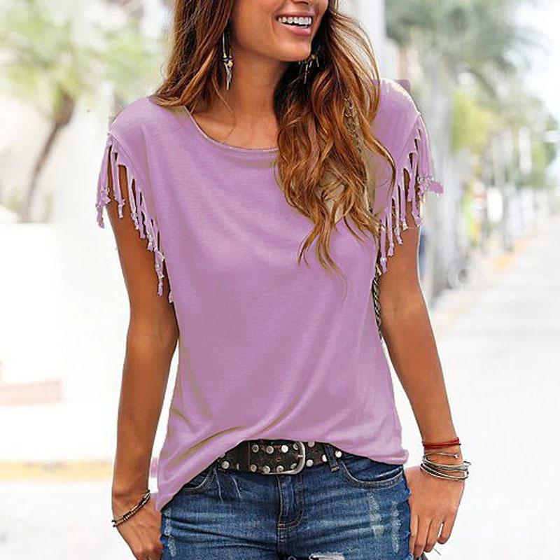 Short Sleeve Casual Solid Summer T Shirt with Tassel
