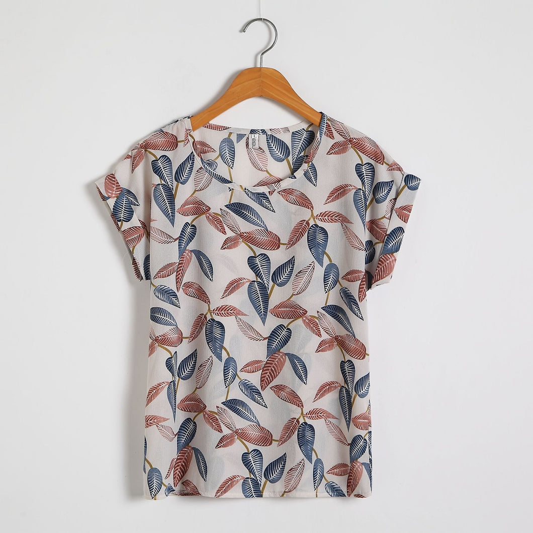 Basic Pleated Chiffon Floral Printed Blouse Tshirt
