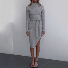 Load image into Gallery viewer, Ribbed Knit Bodycon Slit Dress with Belt

