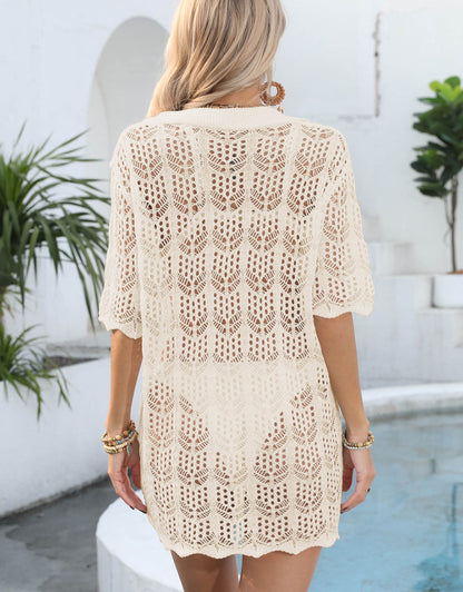 Ladies Lapel Button Branch Mini Short Sleeve Cover-up