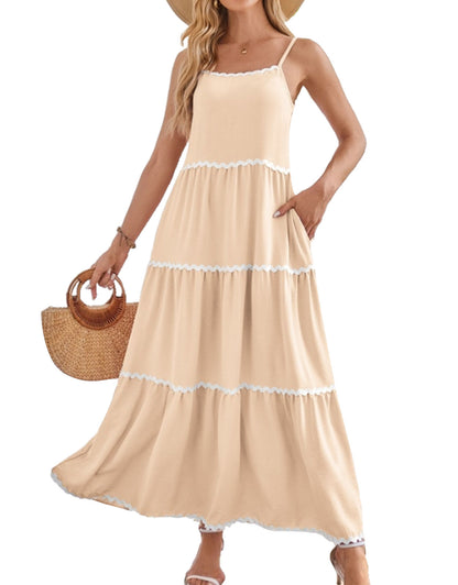 Sleeveless Spaghetti Strap Lace Layered Pocket Dress