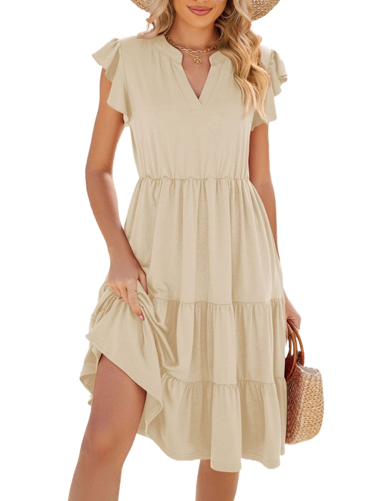 V Neck Ruffled Sleeve Midi Dresses