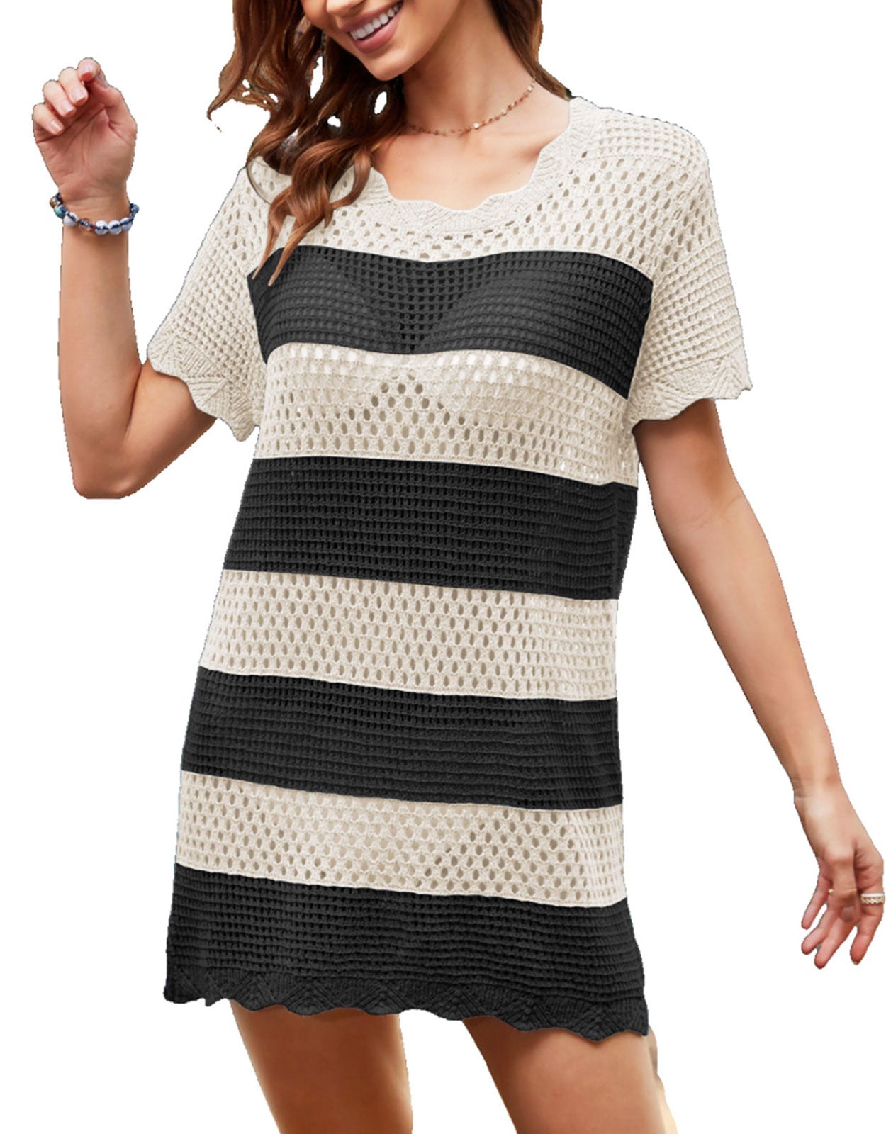 Women's Loose Hollow Short Sleeve Mini Striped Blouse