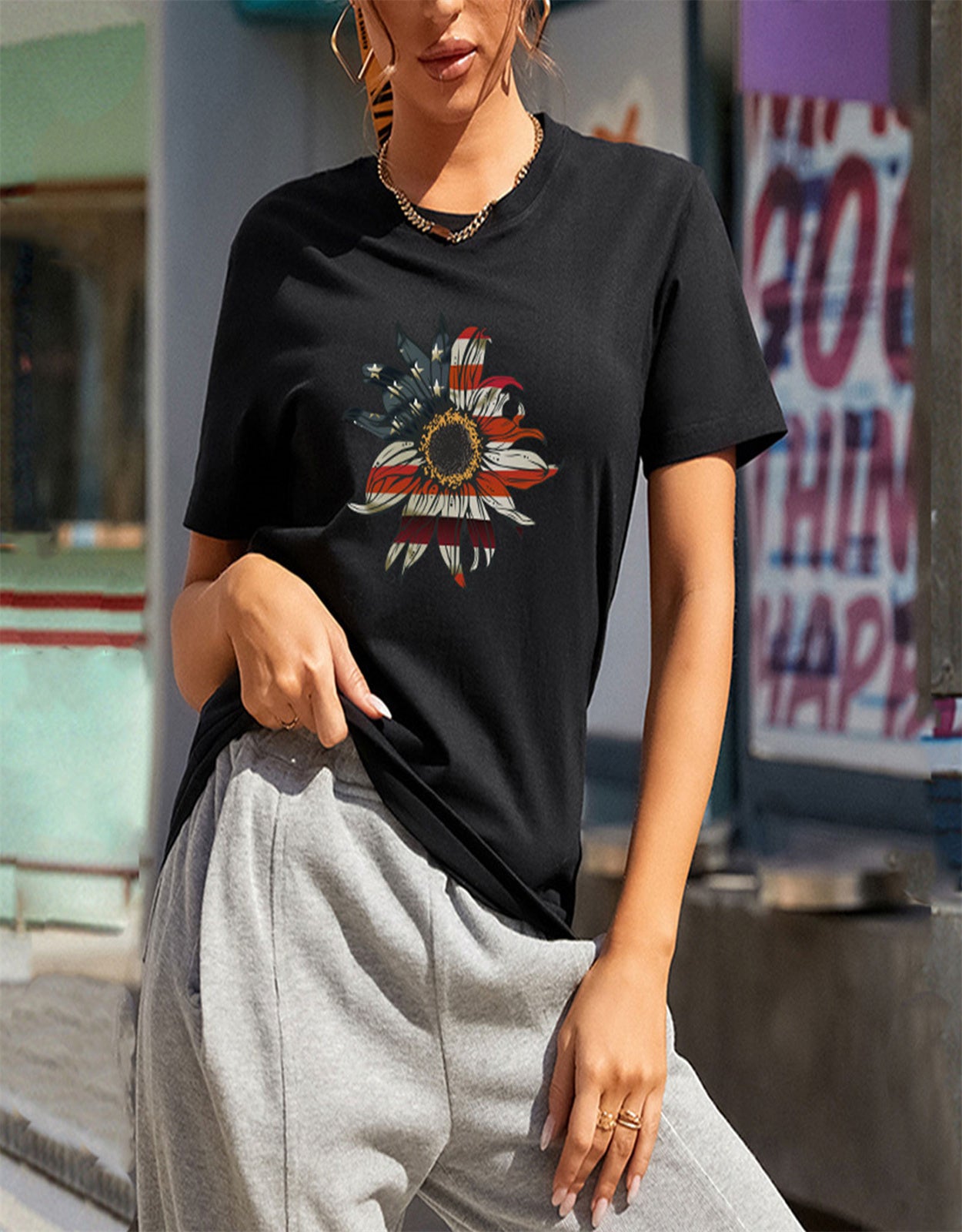 Summer Sunflower Flag Print T-Shirt