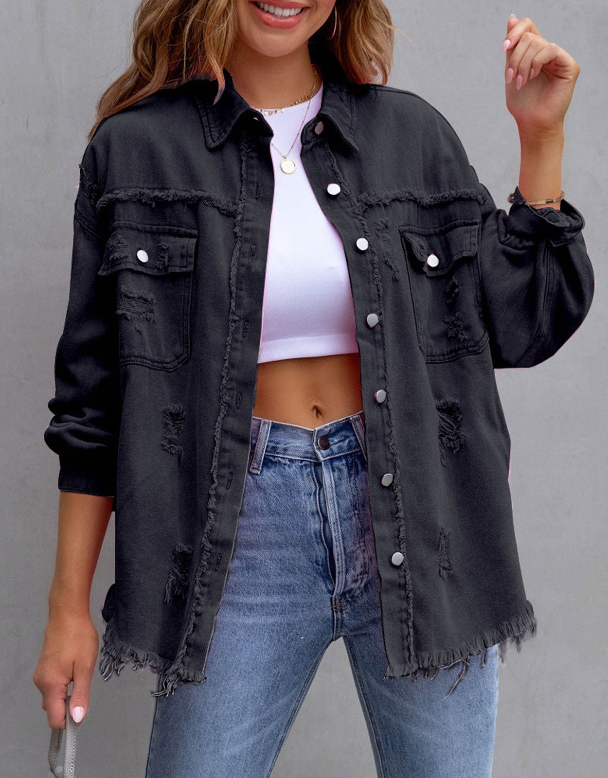 Women's Ripped Distressed Washed Denim Jacket